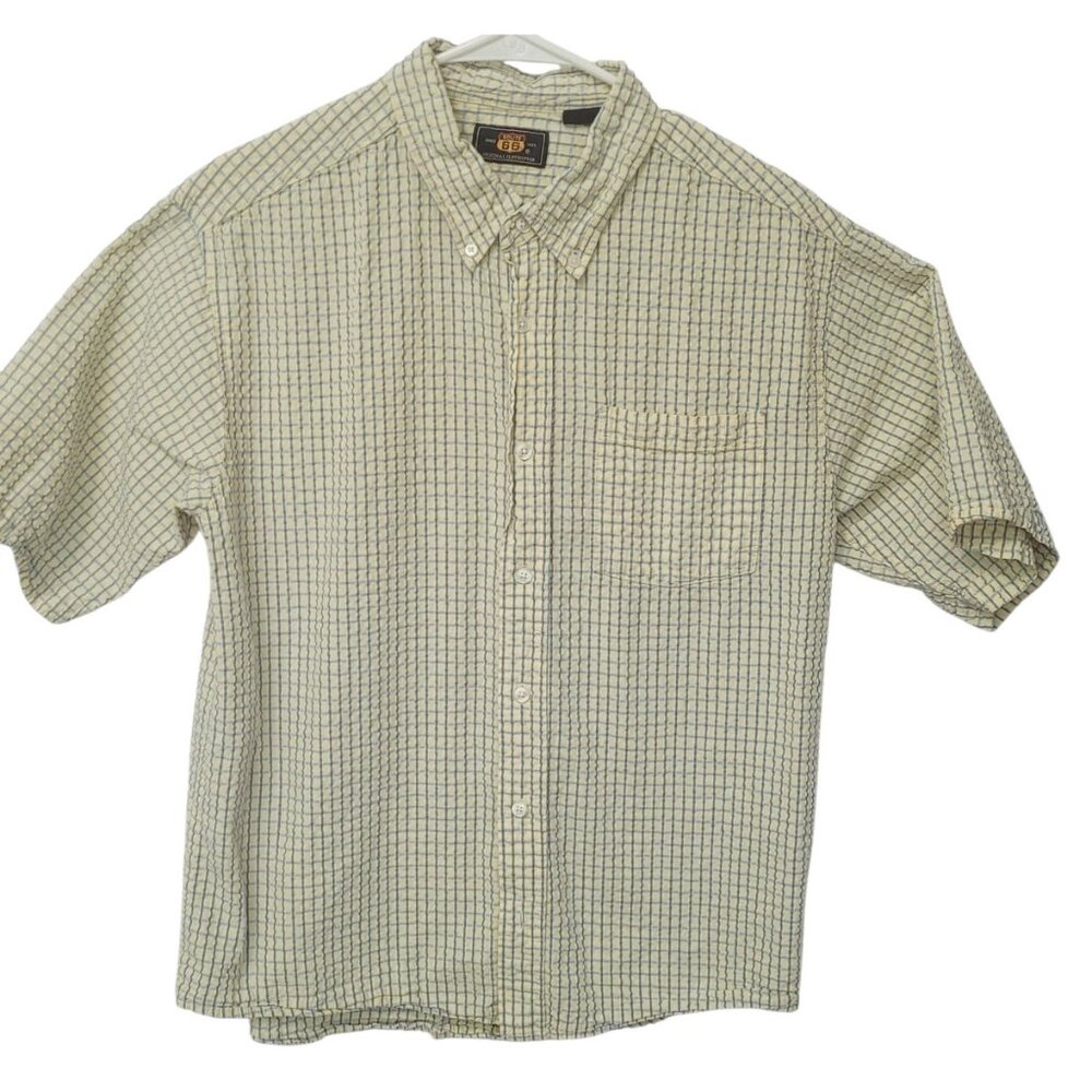 Route 66 Seersucker Shirt Mens M Blue Yellow Short Sleeve Button‎ Front Cotton
